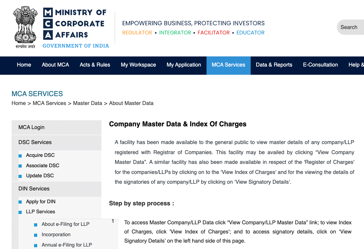 Ministry of Corporate Affairs - What is MCA Master Data?